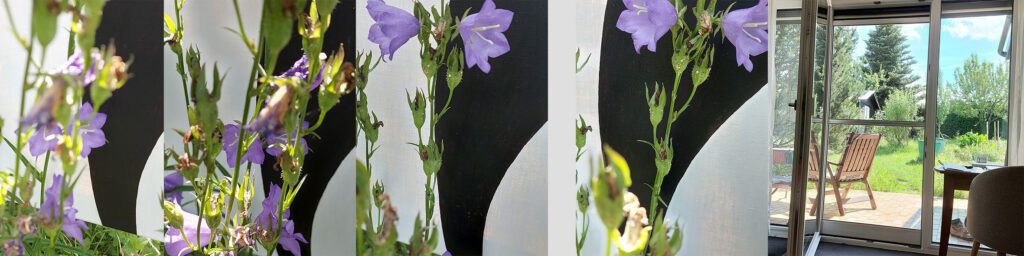 Serie von Fotos mit Glockenblumen und Ölbild im Hintergrund